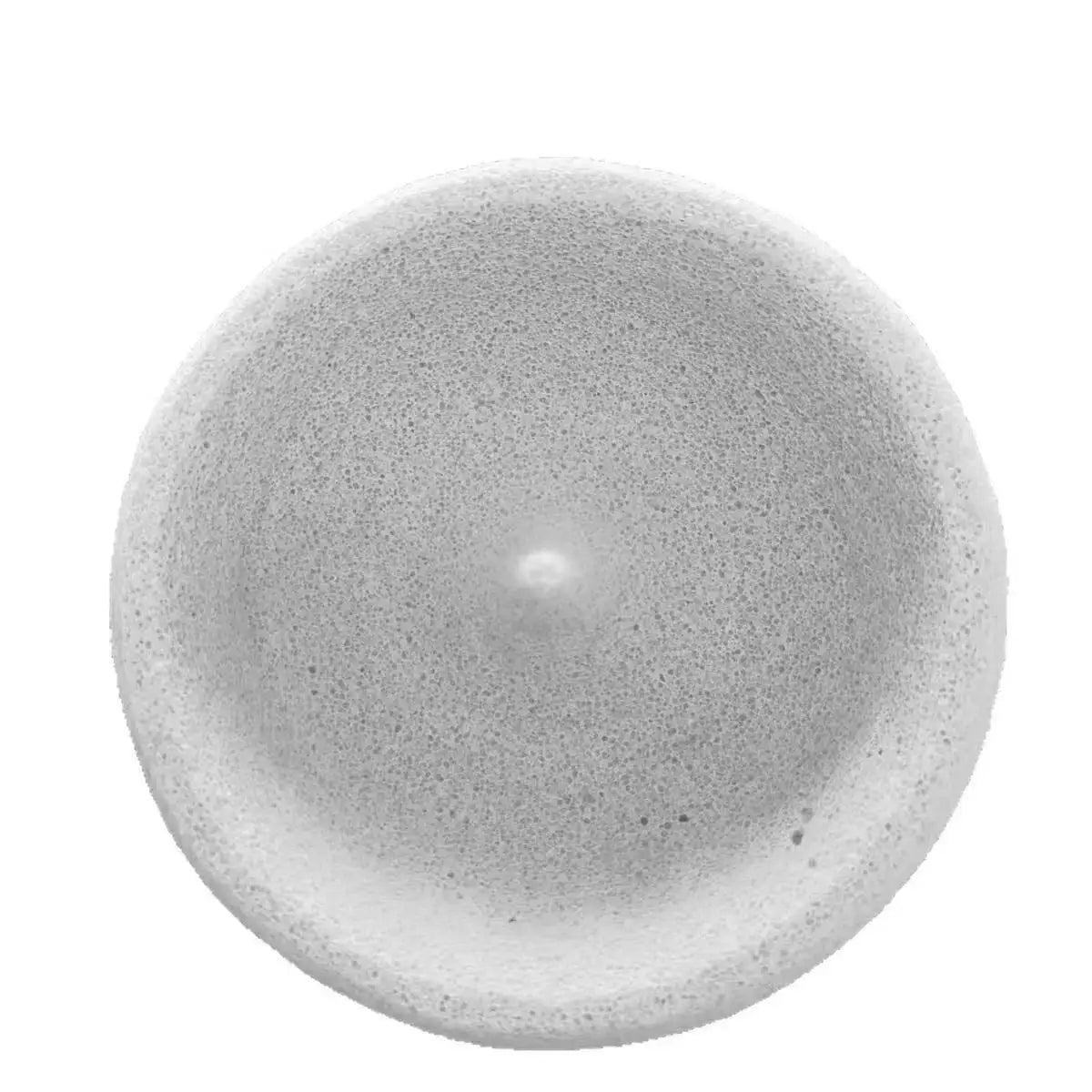 A round, light gray pumice feeder bowl with a textured surface for grinding nails and beaks.