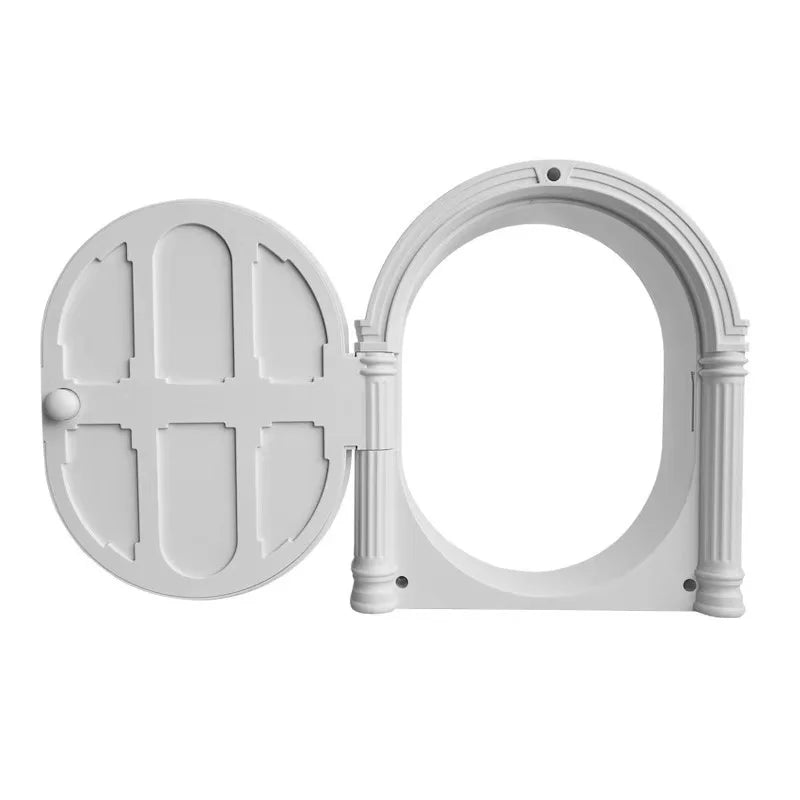 A white durable pet cat and dog door with an arched frame and hinged panel.