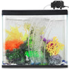 A clear aquarium tank filled with water and colorful aquatic plants, featuring an air pump setup.