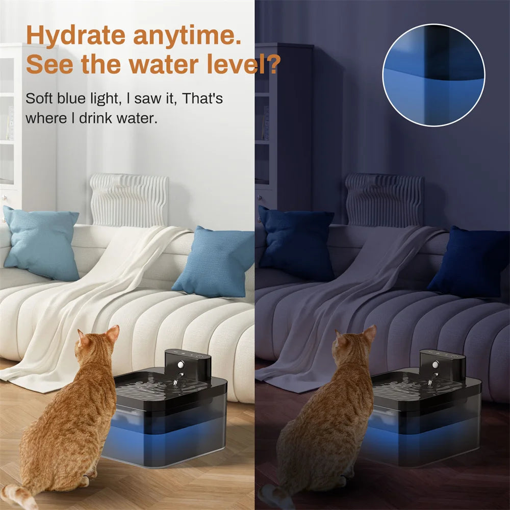 Fontaine à eau automatique pour animaux avec capteur de mouvement, près d'un chat qui boit.