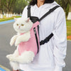 A person is wearing an adjustable pink cat carrier backpack while outdoors.