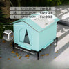 A light blue pet bed with a folding design is shown on a dark surface, next to size options and a scale.