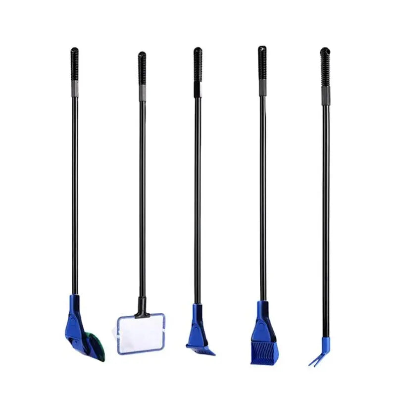 A set of five aquarium cleaning tools including skimmers and scrapers for cleaning fish tanks.