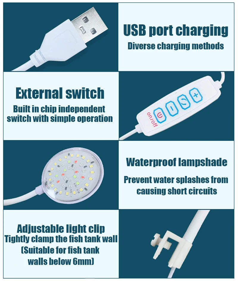 Eine Sammlung verschiedener Elektronik- und Beleuchtungsprodukte, darunter ein USB-Ladekabel, ein externer Schalter und wasse