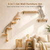 A 5-in-1 cat wall furniture set featuring wooden shelves for climbing, lounging, and scratching on a light-colored wall.