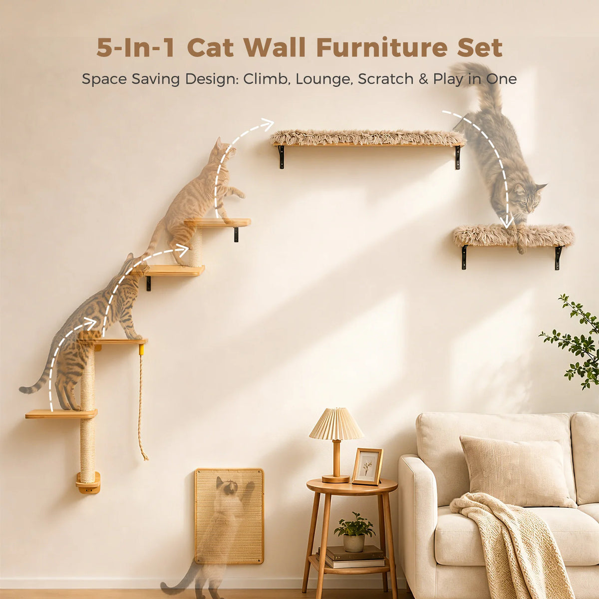 A 5-in-1 cat wall furniture set featuring wooden shelves for climbing, lounging, and scratching on a light-colored wall.