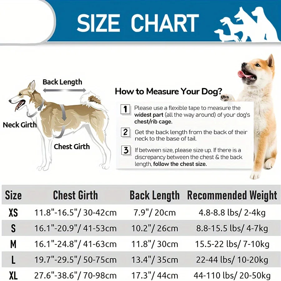 Tabla de tallas para chaleco salvavidas para perros, mostrando medidas de XS a XL.