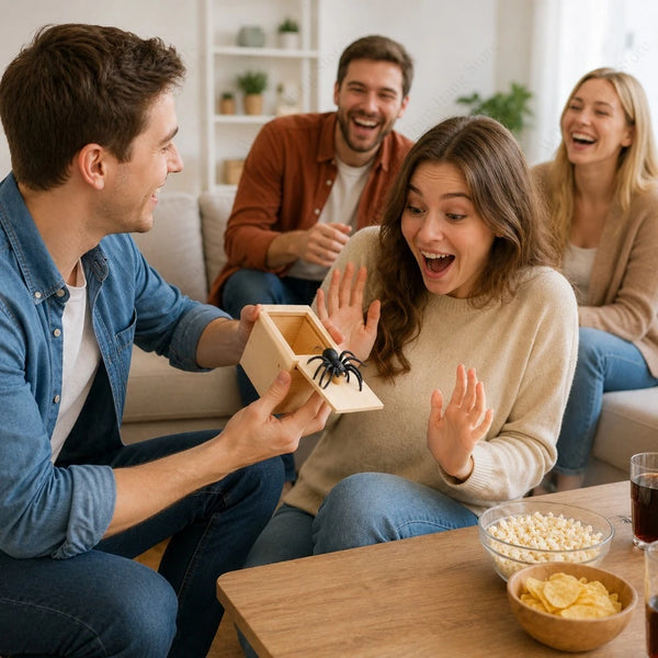 Three friends laughing while opening a wooden spider surprise prank box on a table.