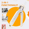 A white 2-in-1 pet nail trimmer and grinder tool shown with close-ups of its clipping and grinding functions.