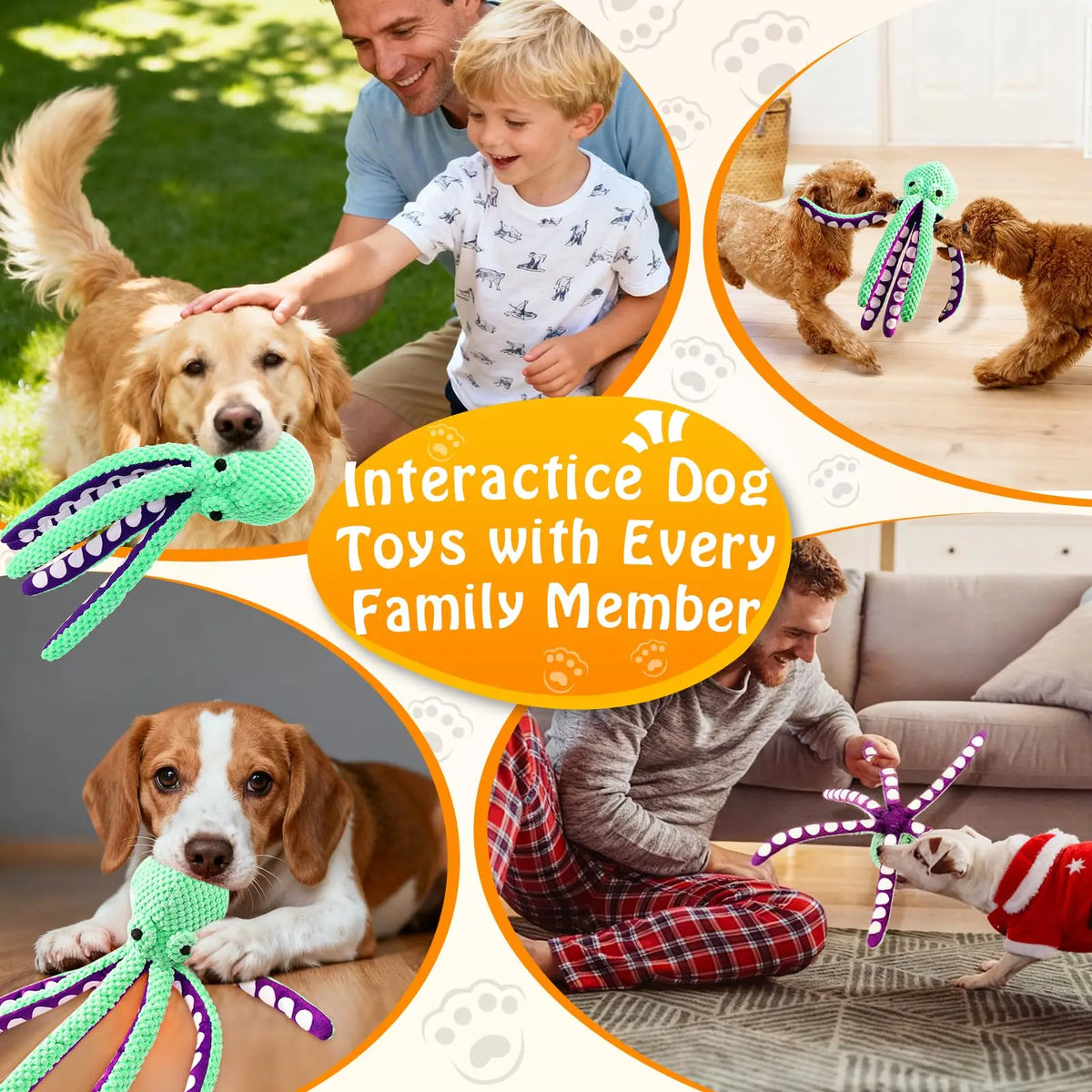 A family interacts with dog toys including a plush dog toy and a squeaky octopus toy.