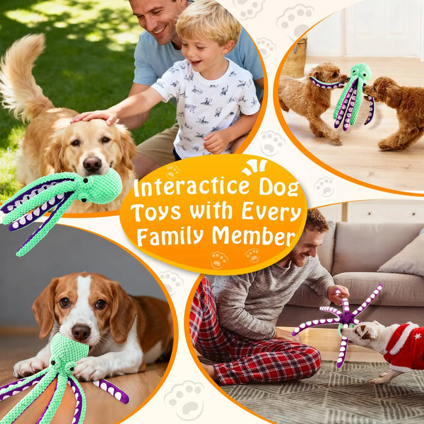 A family interacts with dog toys including a plush dog toy and a squeaky octopus toy.