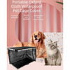 A golden retriever and a gray cat are shown near a black wire pet crate with a protective cover.