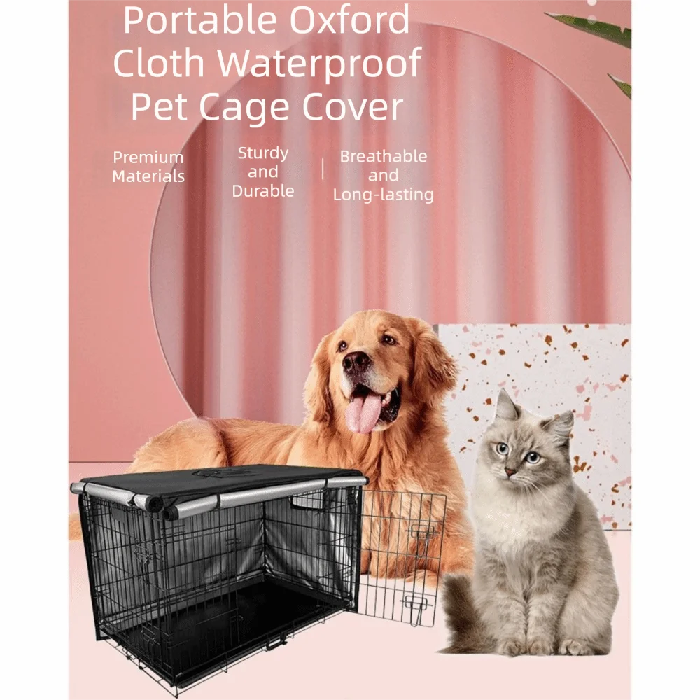 A golden retriever and a gray cat are shown near a black wire pet crate with a protective cover.