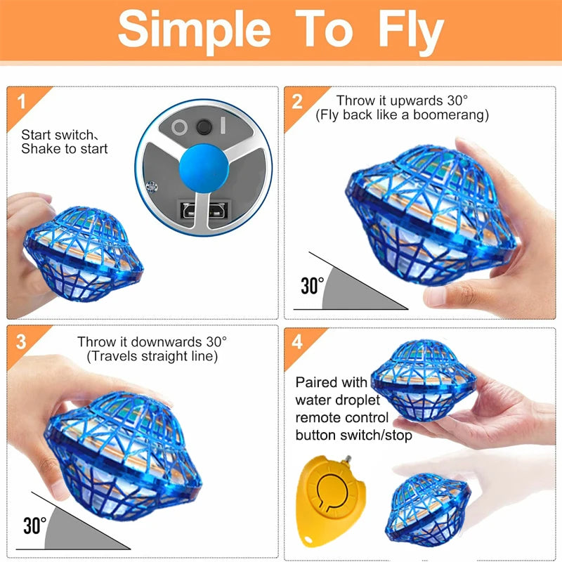 Instructions for using an LED flying boomerang ball, showing steps to start, throw upwards, and throw downwards.