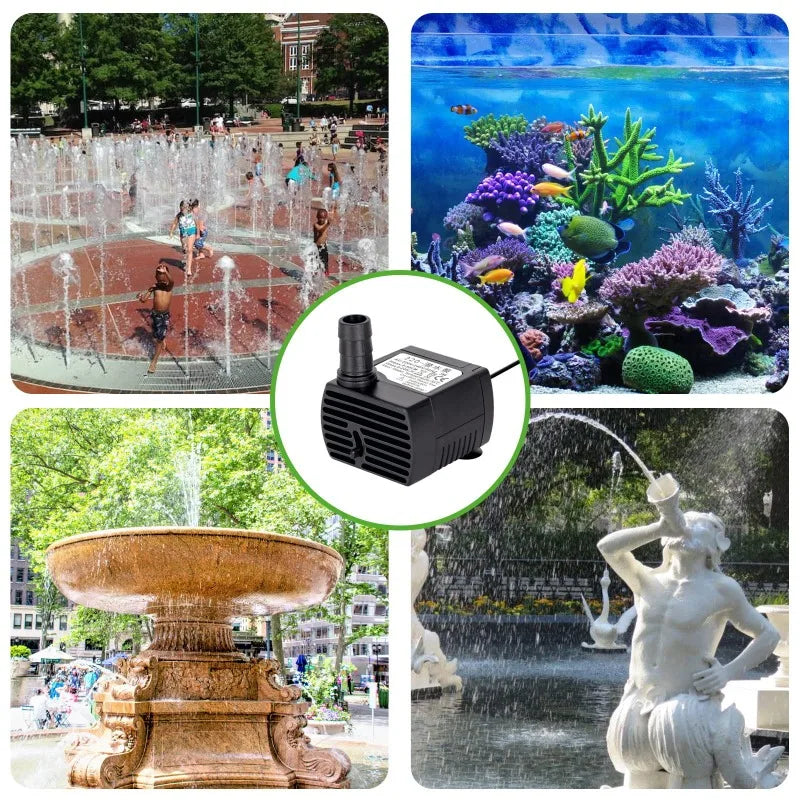A black submersible water pump used for fountains, aquariums, and hydroponics.