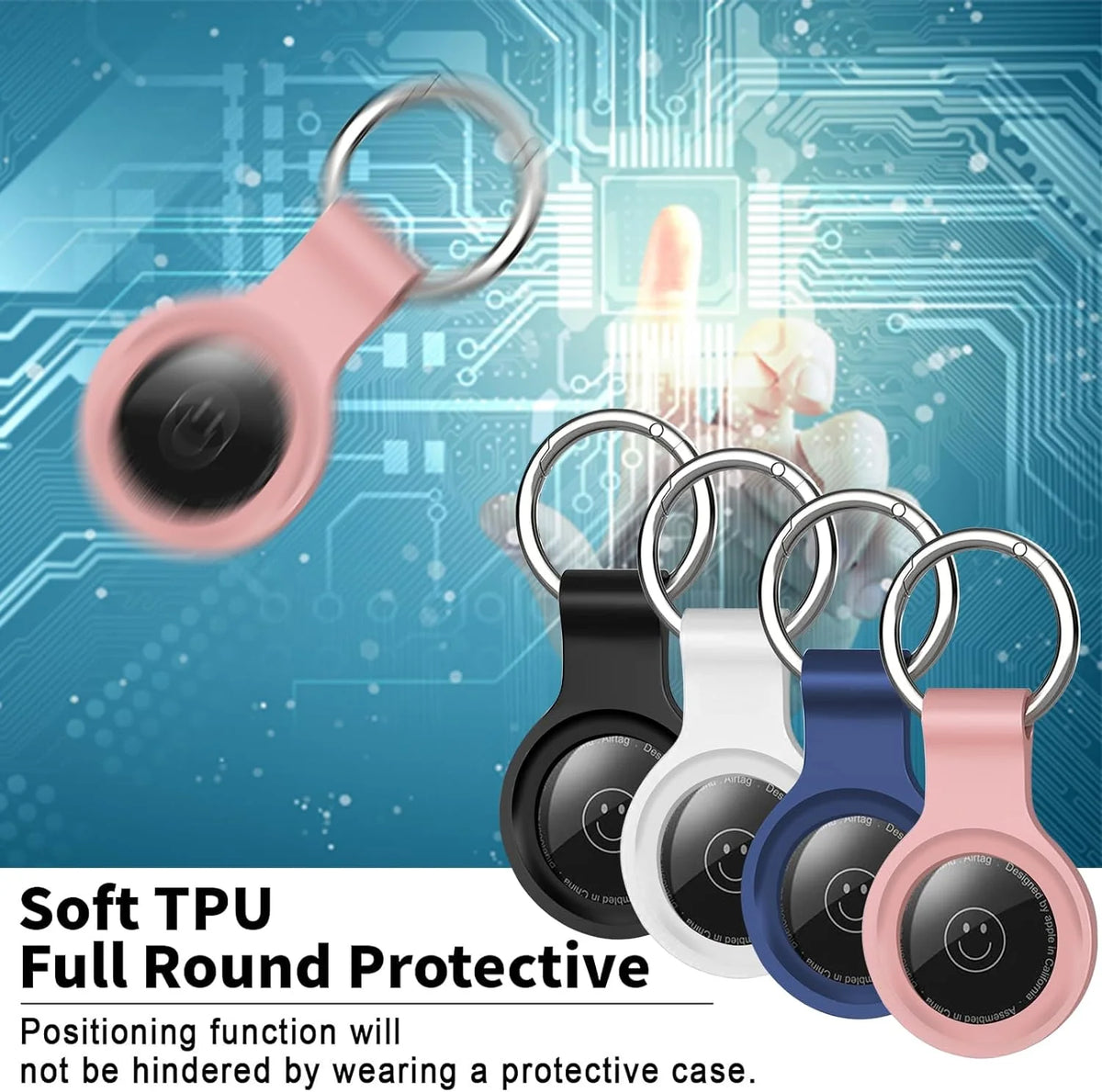 A collection of soft TPU full round protective cases for a keychain, shown against a blue circuit board background.
