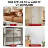 Various scenarios showing the wall-mounted cat scratcher product applied to sofas, doors, and walls.