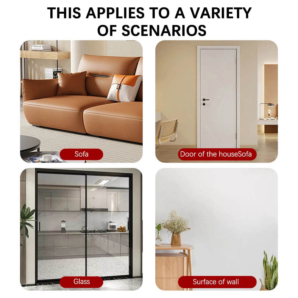 Various scenarios showing the wall-mounted cat scratcher product applied to sofas, doors, and walls.