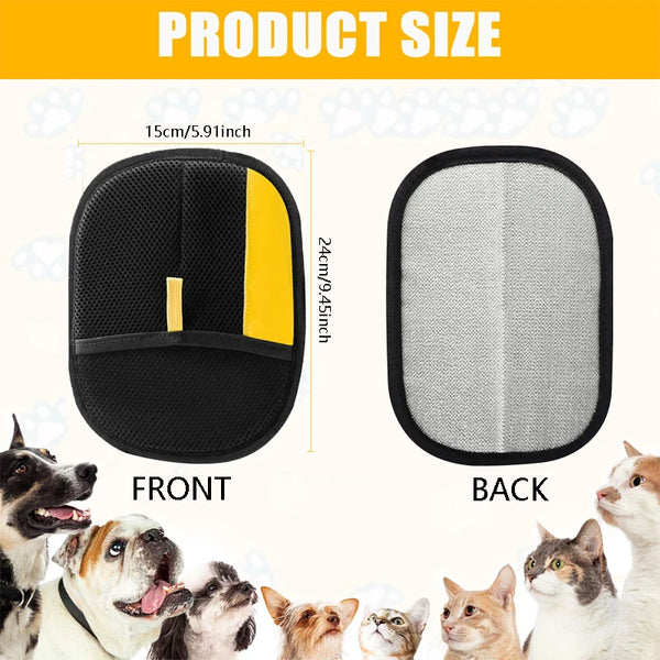 Front and back views of reusable pet hair removal gloves shown next to various dogs and cats