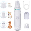 A white electric pet nail grinder with various accessories shown alongside a cat, a dog, and components.