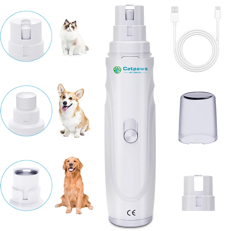 A white electric pet nail grinder with various accessories shown alongside a cat, a dog, and components.
