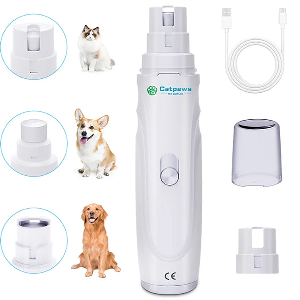 Lijadora eléctrica blanca para uñas de mascotas con accesorios, junto a un gato y un perro.