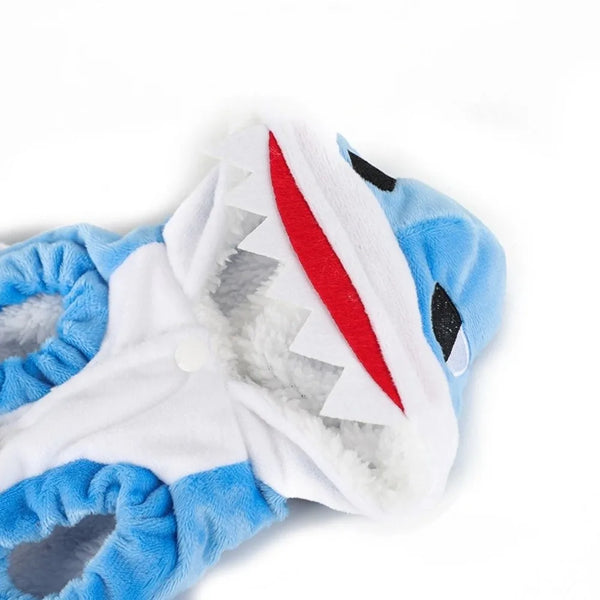 A blue and white fleece pet shark cosplay costume for dogs.