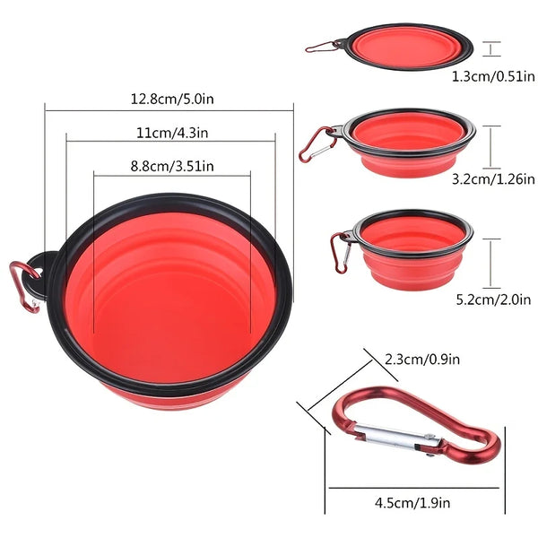 Red collapsible silicone pet travel bowl with a handle and measuring lines.
