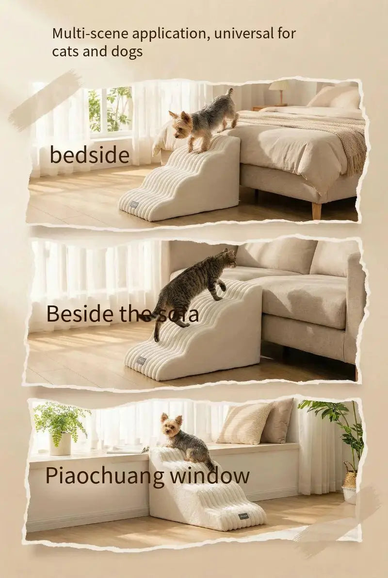 Pet safety climbing stairs for dogs shown in various indoor settings beside beds and sofas