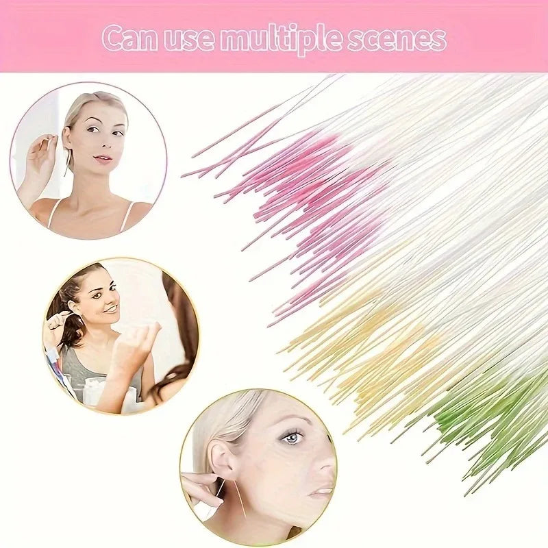 A set of disposable ear cleaning tools shown with various colored filaments and usage examples.