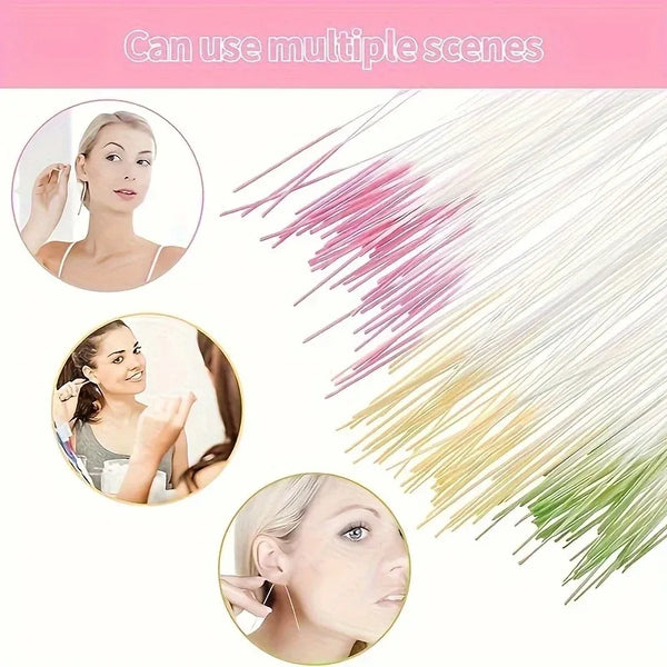 A set of disposable ear cleaning tools shown with various colored filaments and usage examples.