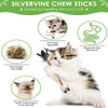 A fluffy kitten holding silvervine chew sticks, promoting dental health and stomach regulation.