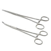 A pair of stainless steel hemostatic forceps with fine tips.