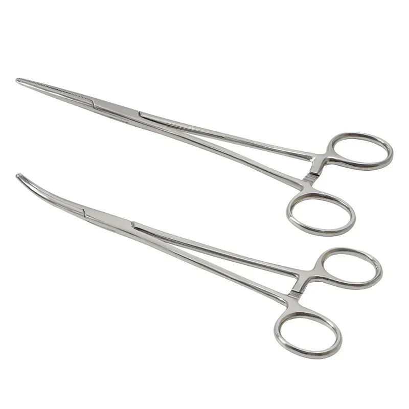 A pair of stainless steel hemostatic forceps with fine tips.