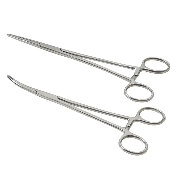 A pair of stainless steel hemostatic forceps with fine tips.