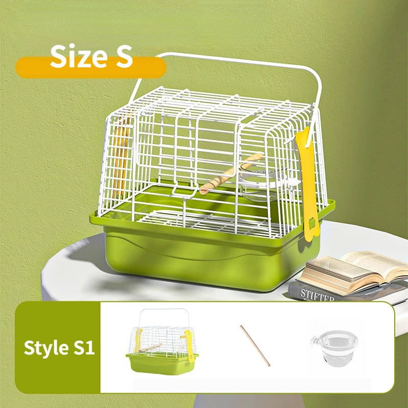 A green portable bird carrier bag with a wire cage and yellow handle, shown in Size S.