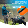 A man holds a blue leash with four foam padded handles, next to two dogs near water.