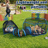 A lightweight and portable pet cage is shown open on green grass with a dog and a cat inside.