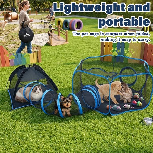 A lightweight and portable pet cage is shown open on green grass with a dog and a cat inside.