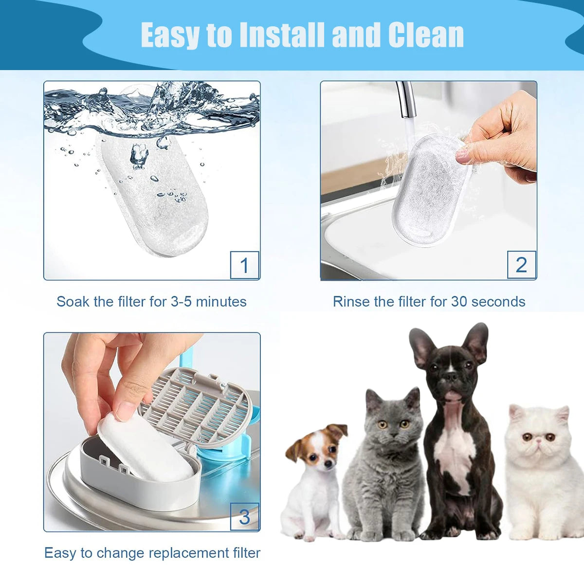A set of replacement filters for a pet water fountain shown in various stages: soaking, rinsing, and changing.