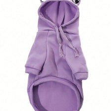 A purple frog-themed pet sweater for dogs with a hood and long sleeves.