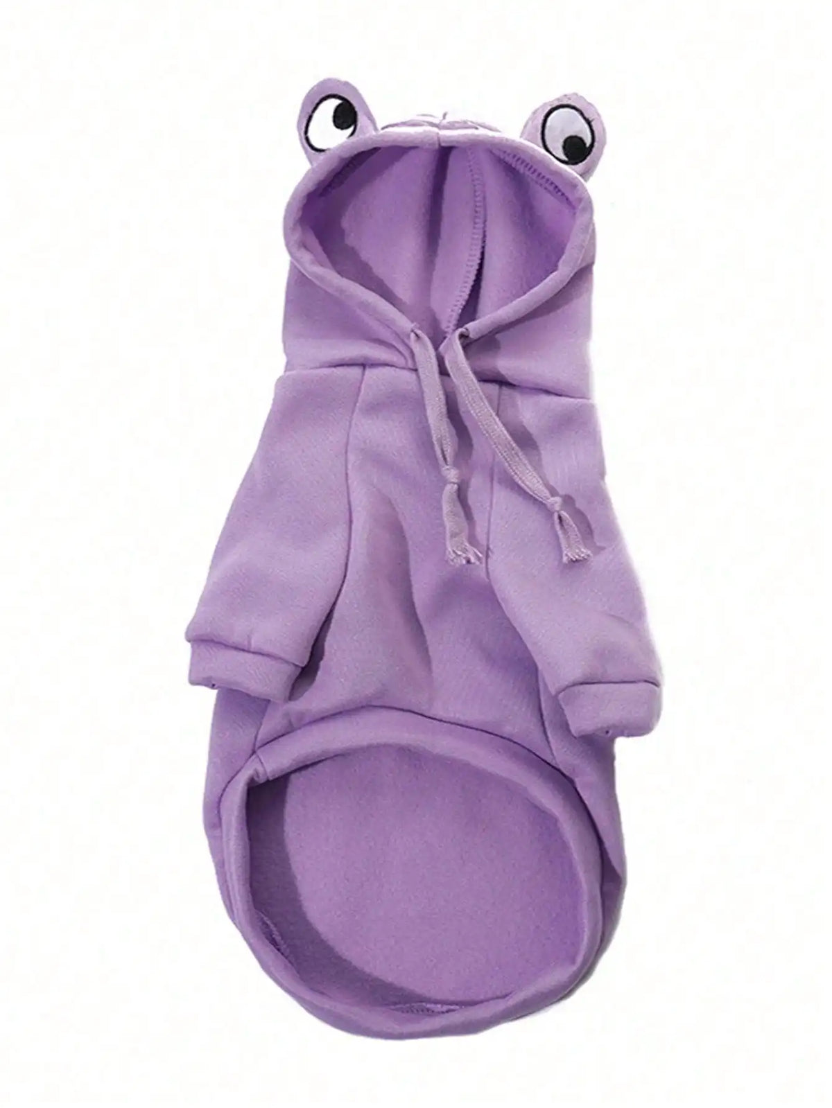 A purple frog-themed pet sweater for dogs with a hood and long sleeves.