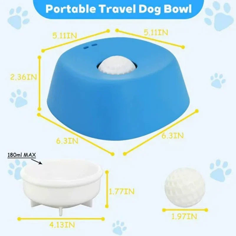 A blue silicone portable travel dog bowl with measurements and a white ball for slow feeding.