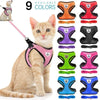 A set of nine colorful adjustable pet harnesses and leashes for dogs and cats displayed next to a cat.