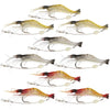 A collection of luminous soft shrimp lures for fishing, shown in various colors and angles.