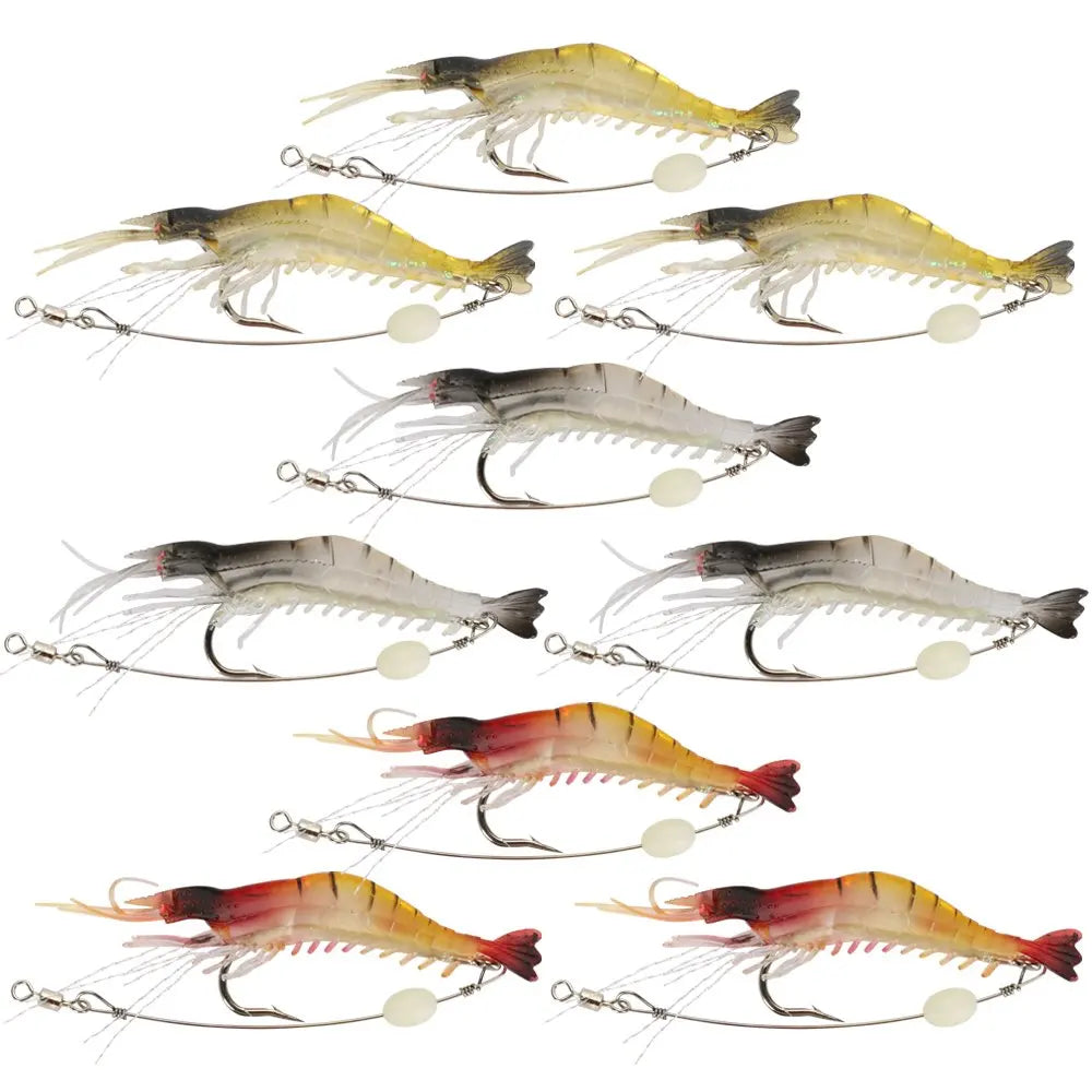 A collection of luminous soft shrimp lures for fishing, shown in various colors and angles.