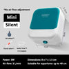 A white and teal Mini Silent air pump for aquariums with various accessories shown.
