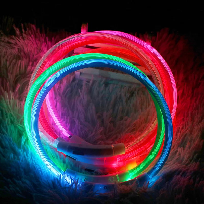 A circular LED dog collar glowing with vibrant pink, green, and blue light against a dark background.