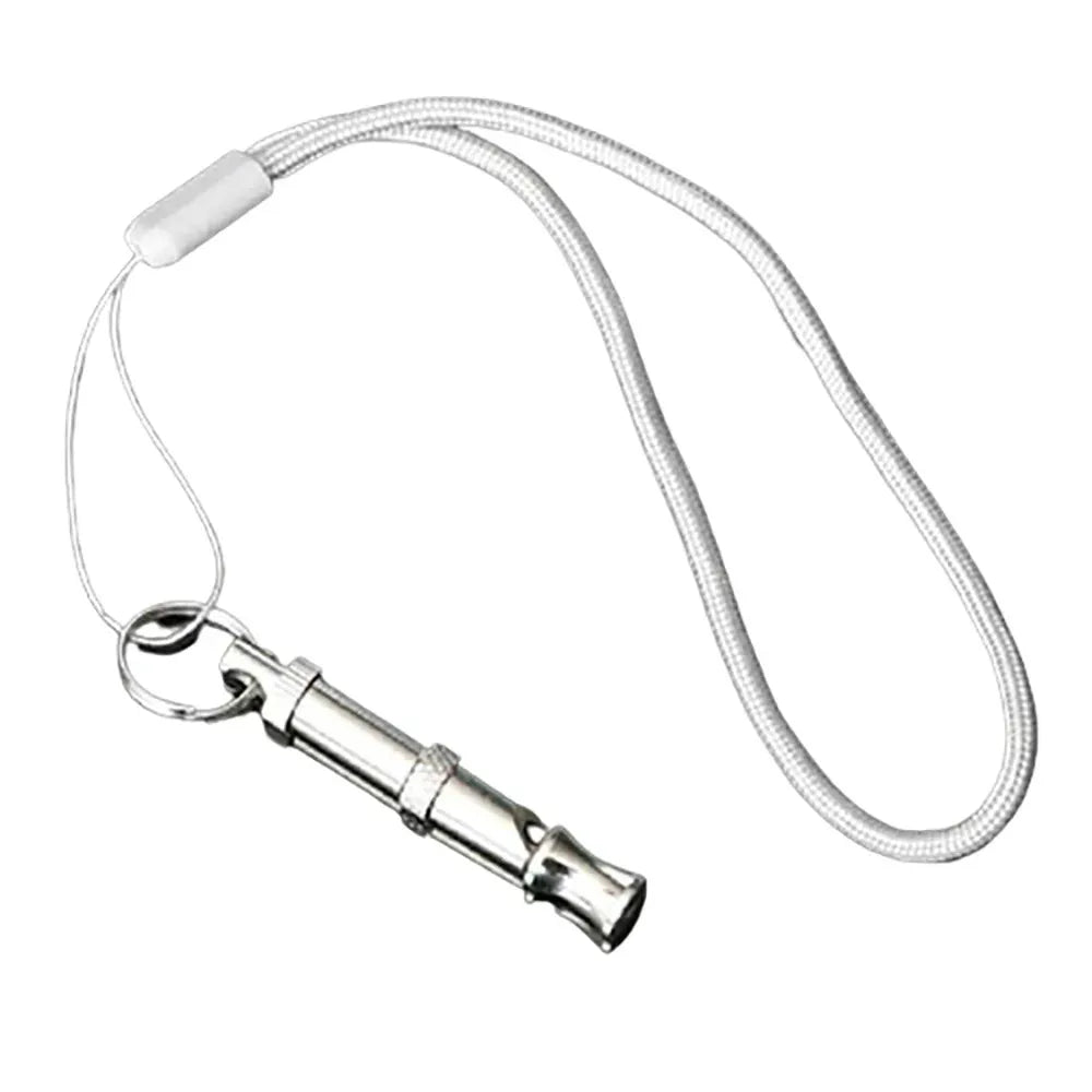Silbato para entrenamiento de perros de acero inoxidable con cordón y clip.