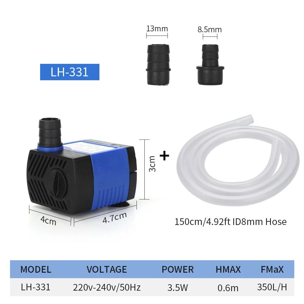 LH-331 submersible pump kit including the pump, adapter, and silicone hose for aquarium use